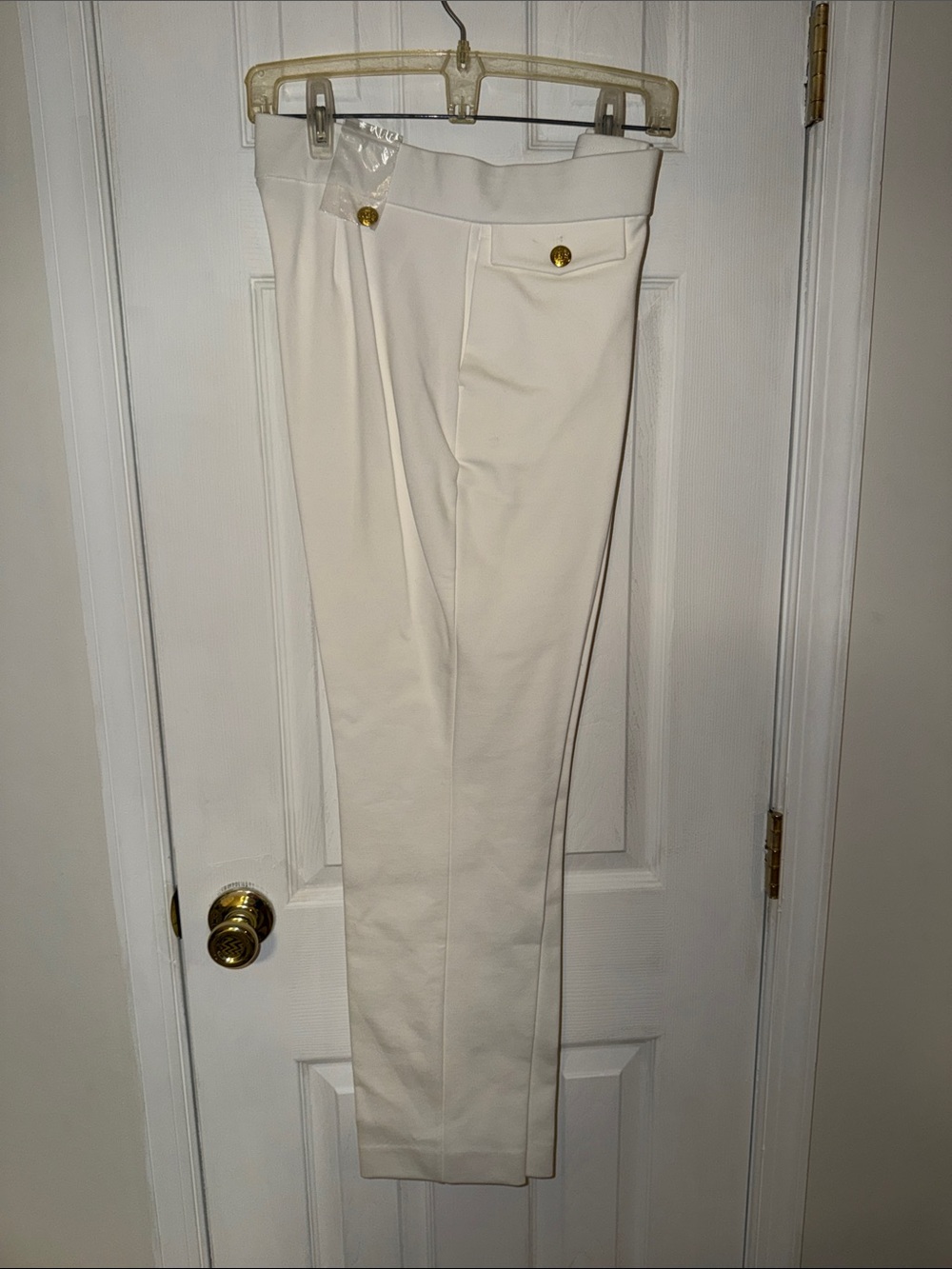 Susan Graver Cream Slim Crop Trousers with Gold Buttons